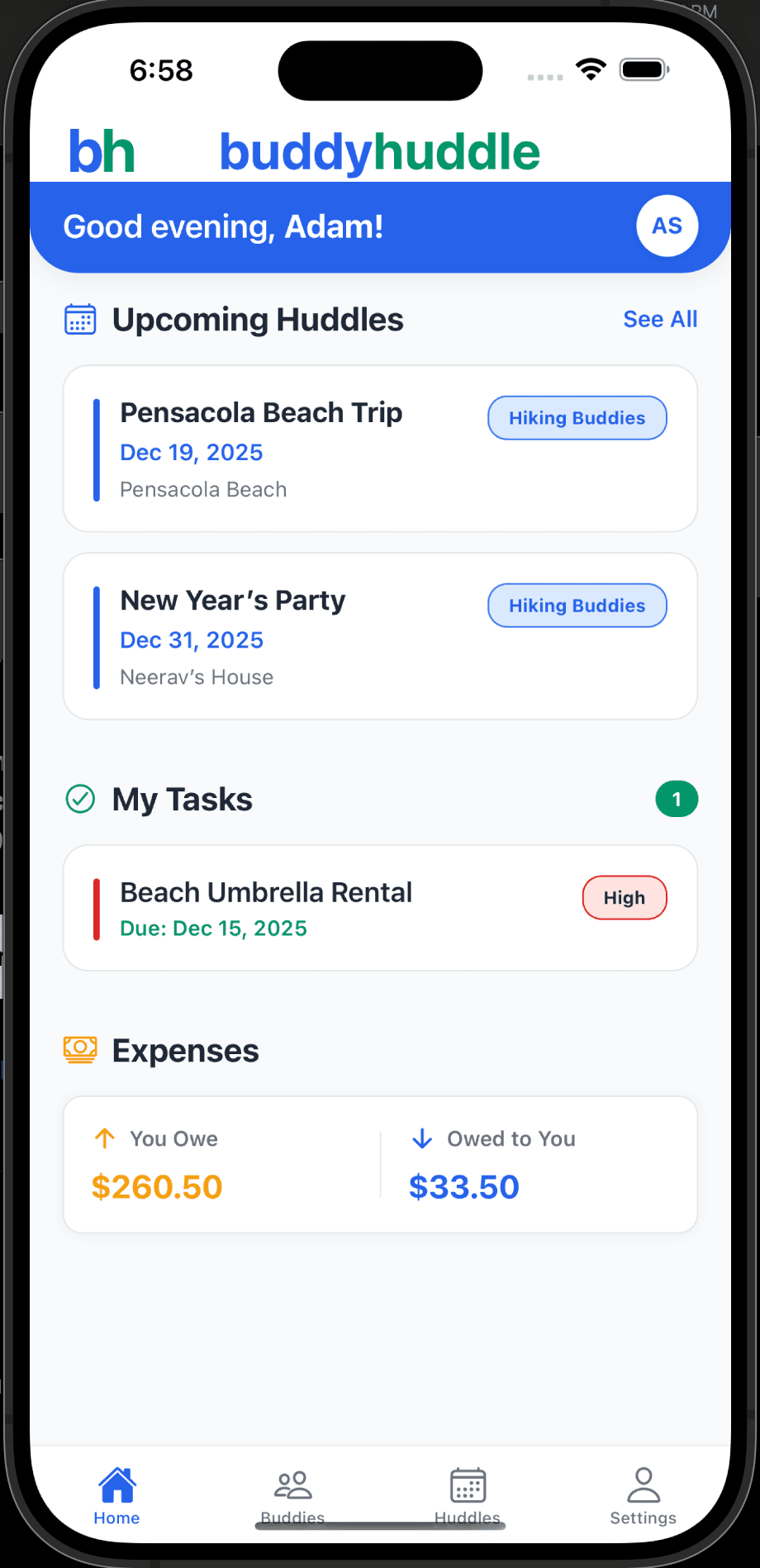 buddyhuddle mobile dashboard